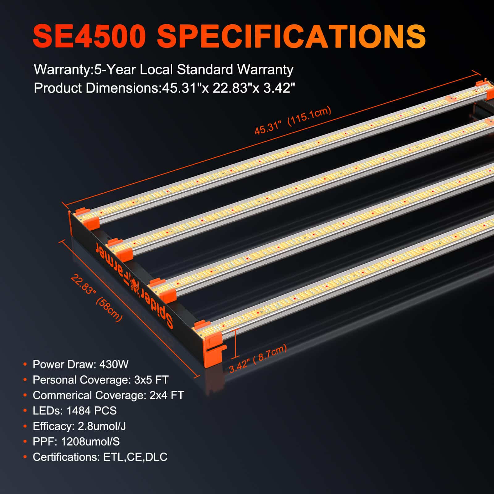 Spider Farmer® SE4500 430W LED栽培ライト:高効率&調光可能なフルスペクトルで成長を加速