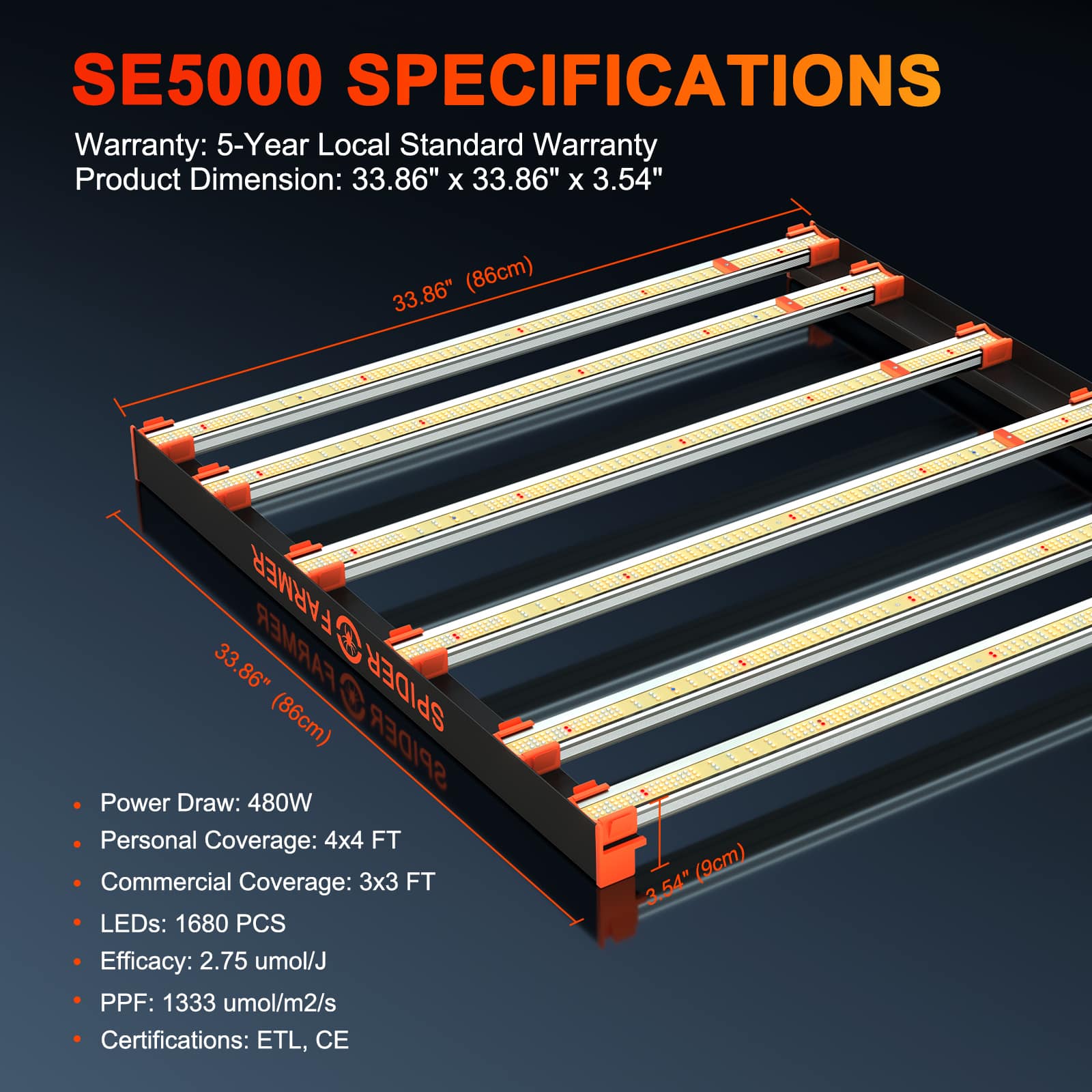 Spider Farmer® SE5000 480W LED栽培ライト:高効率で調光可能なフルスペクトラム照明
